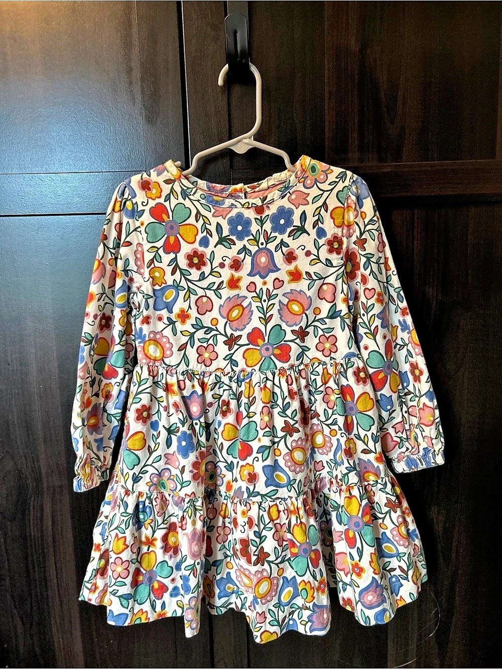 Mini Boden Colorful Floral Tiered Long Sleeve Button Back Dress Size 4-5Y